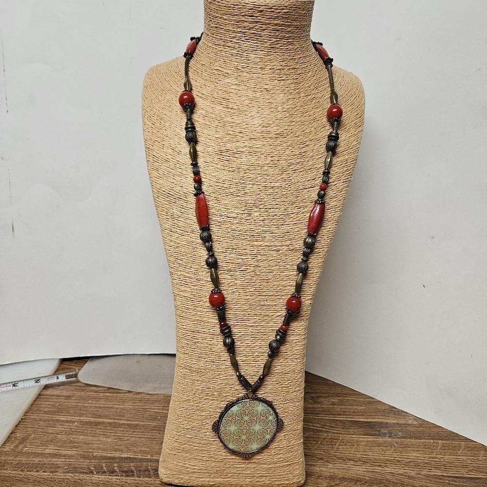 Vintage LAGA Art Deco Bronze & Glass Bead Necklace with Geometric Pendant
